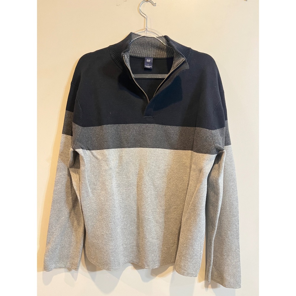 Gap Mens Quarter Zip All-Cotton Sweater Navy Gray Colorblock Mock Neck Large 90s
